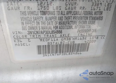 2013 Nissan Versa 1.6 Sv из США, поврежденный, VIN 3N1CN7AP3DL854866